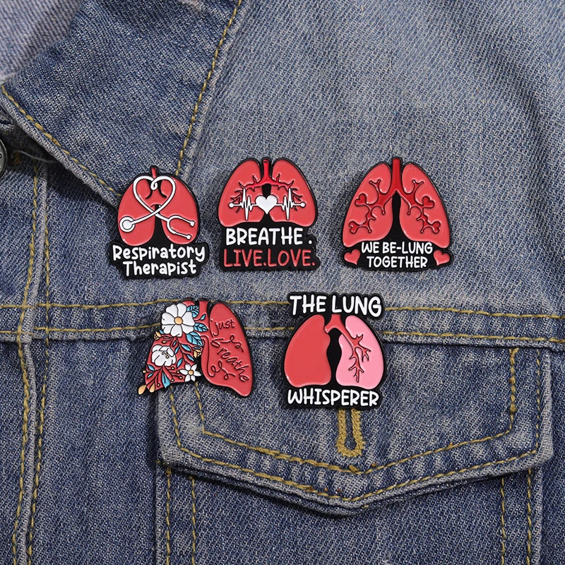 Breathe Live Love Enamel Pin Creative Respiratory Therapist Organ Lung Brooches Lapel Badge Funny Cartoon Jewelry Gift Accessory