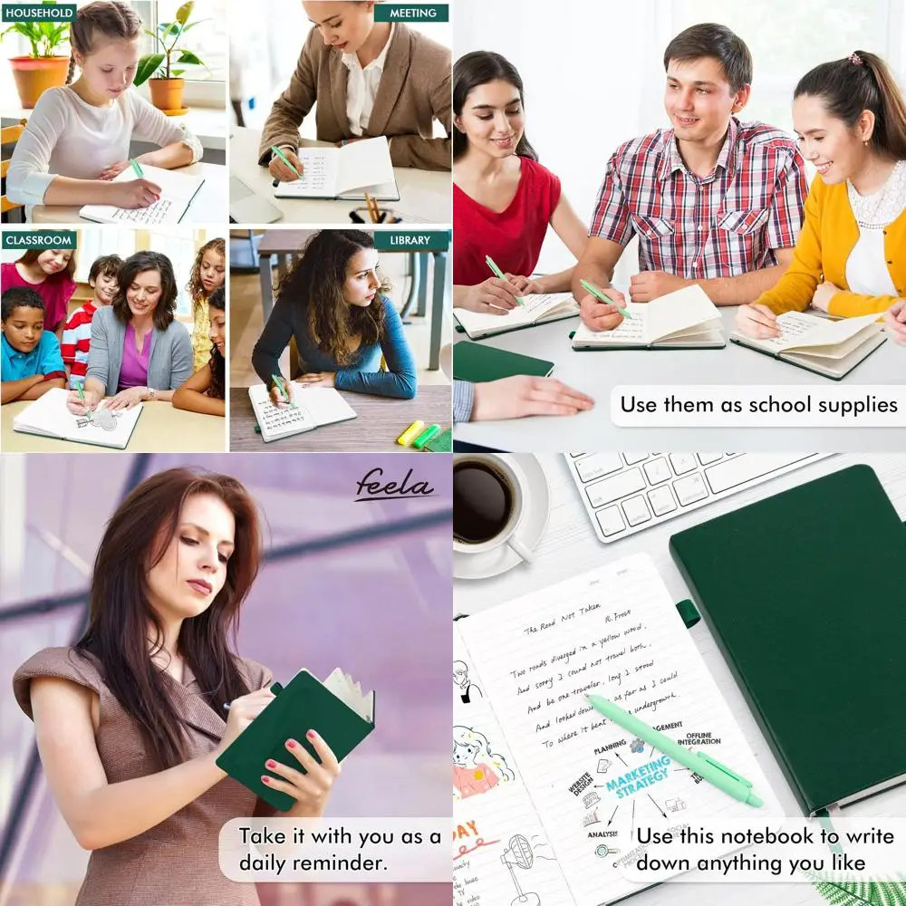 

Set of 12 A5 Ruled Journals with Black Pens, Dark Green Hardcover, 120 GSM Paper, Ideal for School, Business, Travel