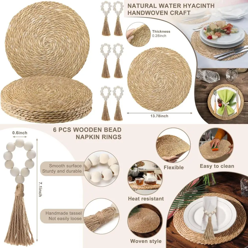 

Natural Woven Round Placemats Set of 6 with Wooden Beads Napkin Rings for Kitchen Dining Table