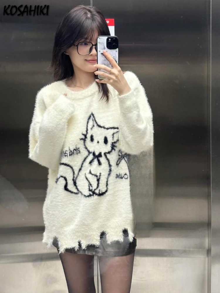 Japanese Oversize Fur Sweater Autumn Cartoon Cat Kawaii Cute Loose Women Pullover Y2k Aesthetic Hole Preppy Style Grunge Tops