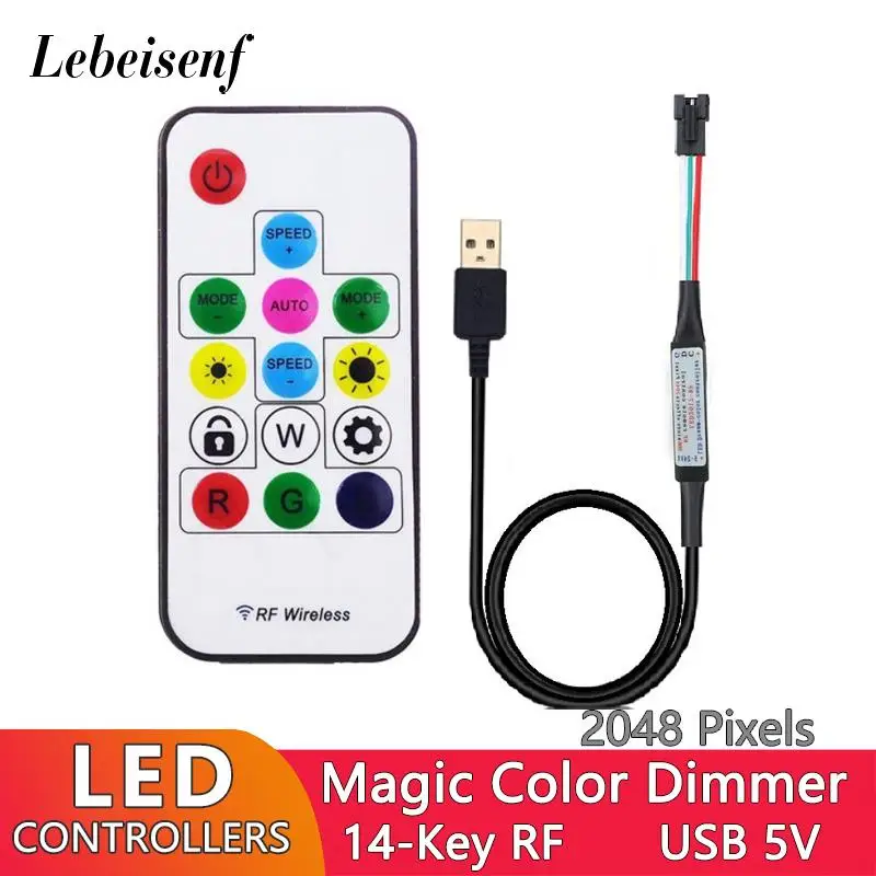 5V USB Dimmer LED Magic Color Controller 2048 Pixels 14-Key RF Wireless Remote for WS2812B WS2811 Addressable RGB Strip Lights