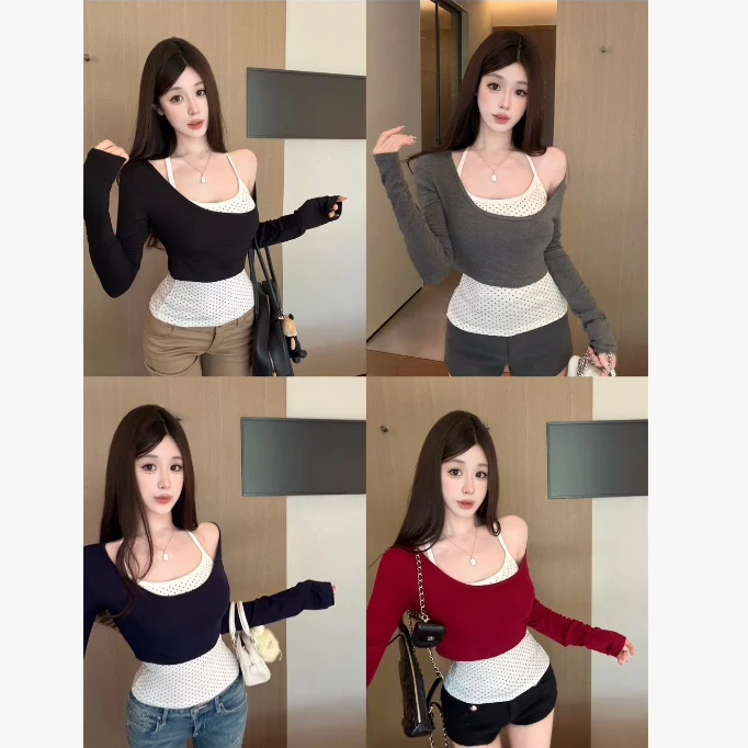 Spicy Girl Color Block Short Sleeve Long Sleeve Women's T-Shirt Set with Chest Pad Polka Dot Neck Hanging Beautiful Back