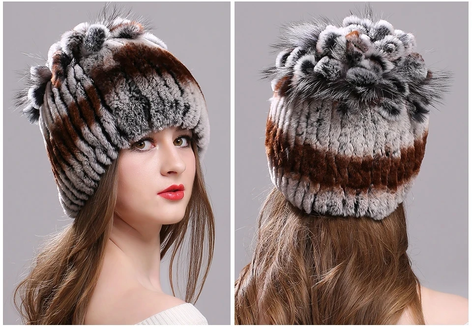 Strickmütze für Damen, 100 % echte Rex-Kaninchenfellmütze mit Blumen, Oberteile, warme, hochwertige Beanie-Damenmütze aus echtem Pelz für den Winter – Detail 12