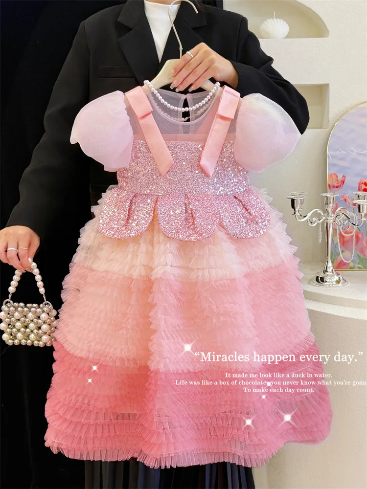 

2025Girls Summer New Style Pink Sequins Heavy Industry Bow Puffy Cake Dress