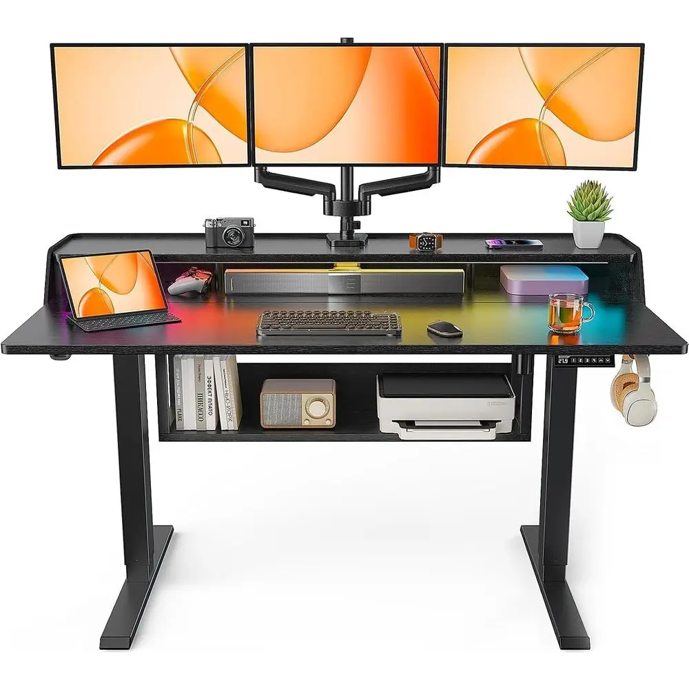 

Adjustable 55x28 Standing Desk with Bookshelf, Monitor Stand, LED Light, for Home Office or Gaming