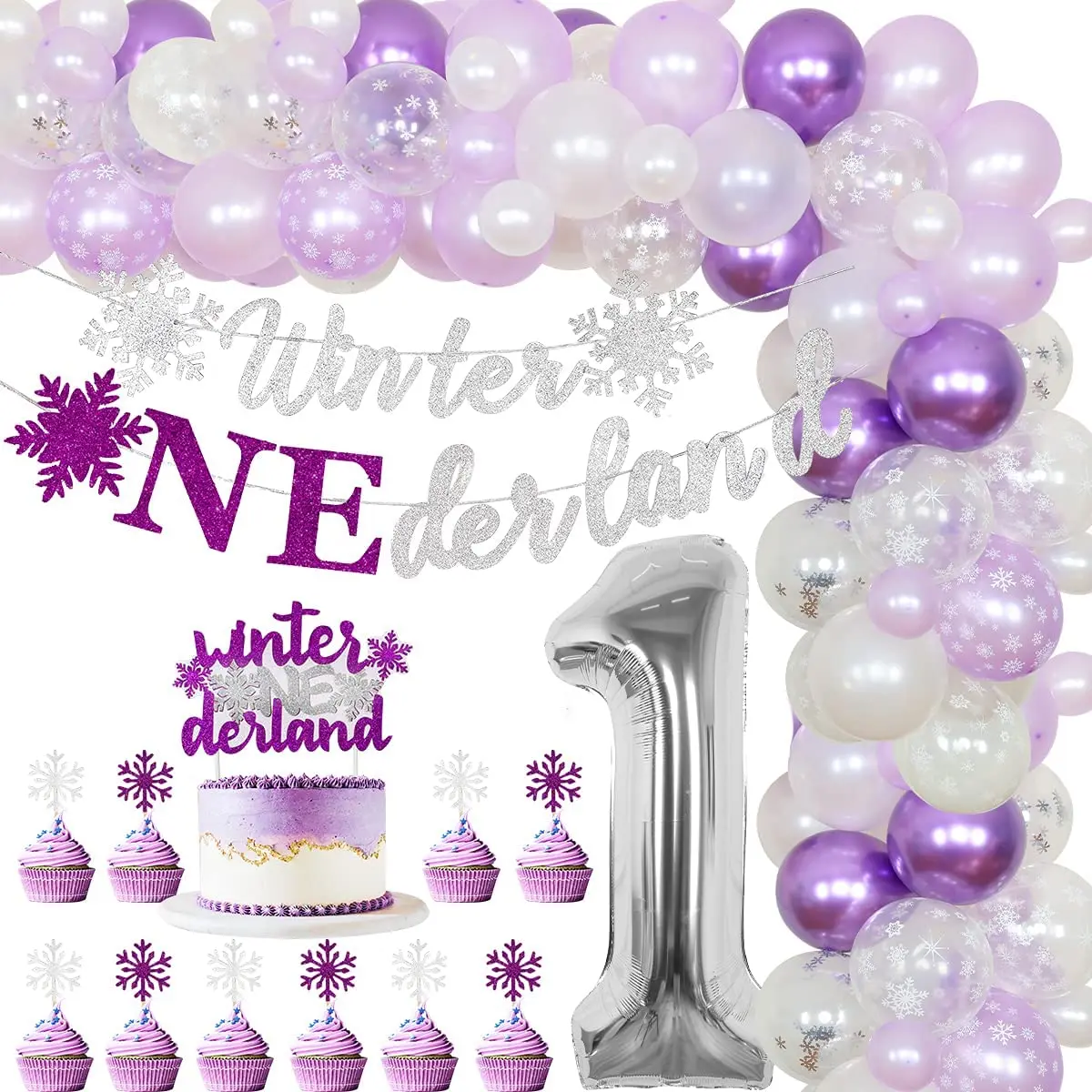 

Purple Winter Snowflake Themed Balloon Garland Winter Onederland Banner Cake Toppers Girls Winter 1st Birthday Party Decorations