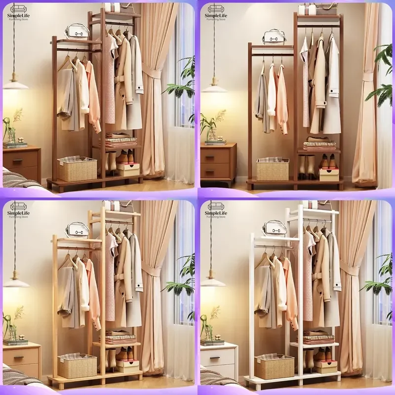 Solid Wood Coat Rack Freestanding Clothes Hanger Stand with Multi Layer Storage Shelf Modern Entryway Hall Tree Organizer for