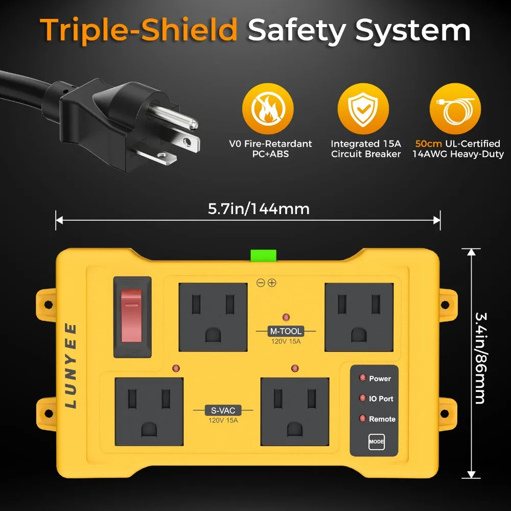 Automatic Vacuum Switch for Power Tools with Remote, 4-Outlet Tool Activated Vacuum Switch Dust Collector & Shop Vac Switch, Auto Switch for CNC Machine & Laser Engraver Synchronous Control