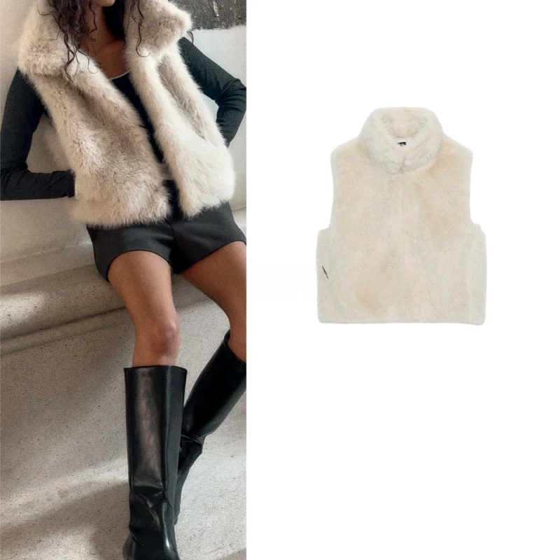 

Metallic Artificial Fur Effect Vest High Collar Svel Hook Closure Women's Faion Autumn New Arrival 255726