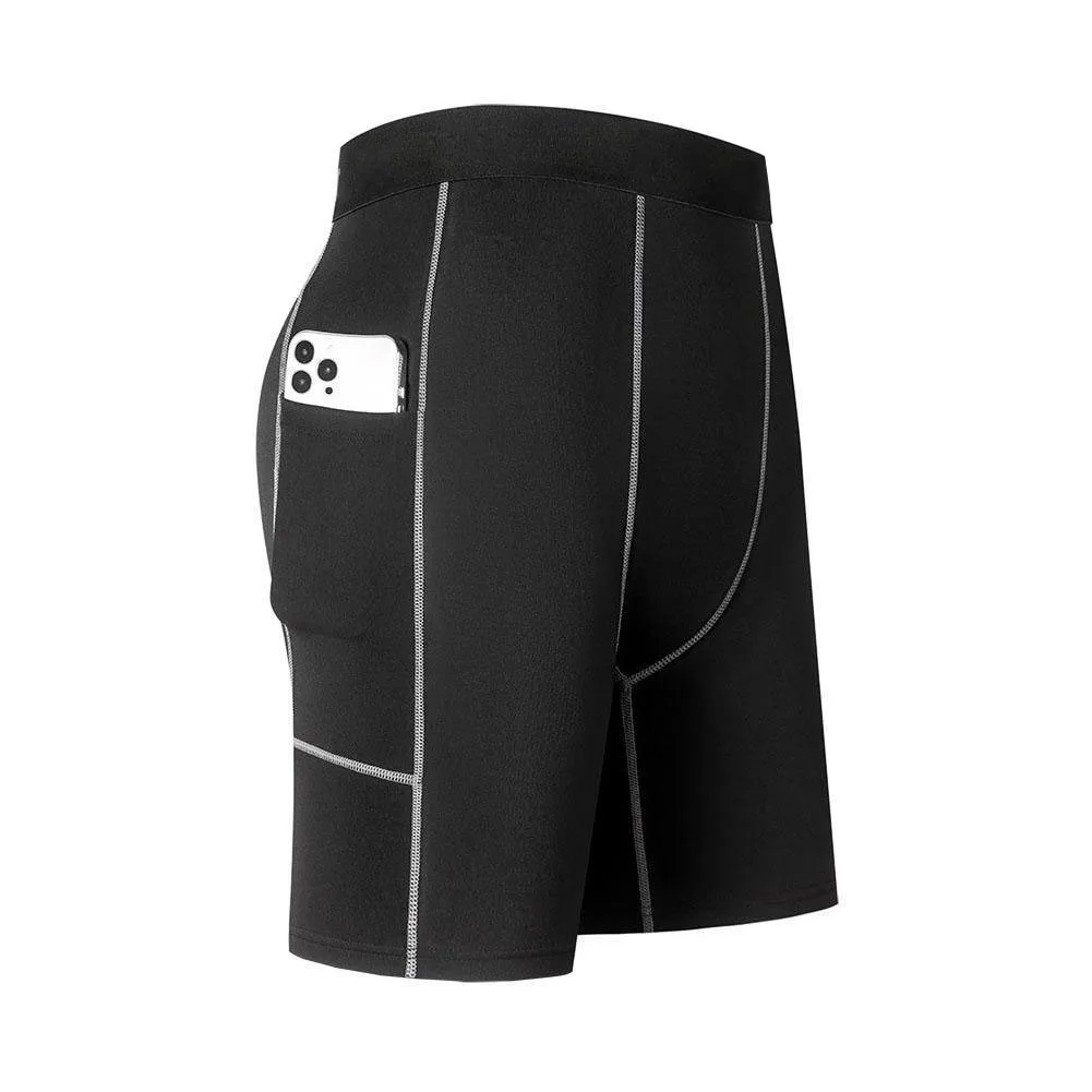 Kurze Kompressionshose für Herren, elastisch, schnell trocknend, Lauf-Fitness-Shorts mit Tasche, große Größe, schwarz, enge Fitness-Trainingshose – Detail 13