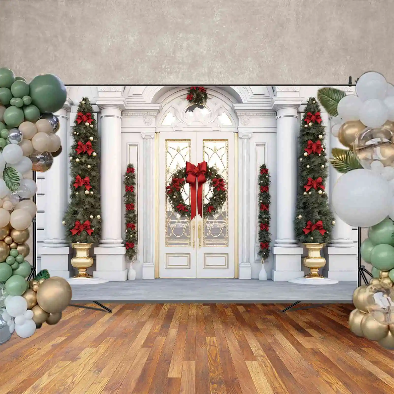 MOON.QG-Fondo de fotografía, porche de Navidad, corona de lazo rojo, Fondo de foto de árbol, puerta de pared de mármol, decoraciones de estudio para el hogar
