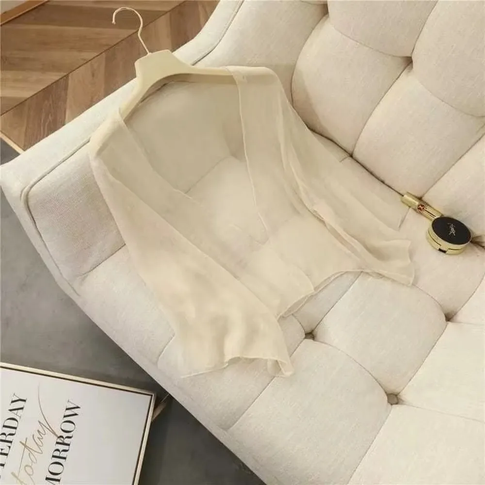 Summer Crinkle Women Cardigan Loose Chiffon Thin Section Top Transparent See Through Sunscreen Clothing Small Jacket