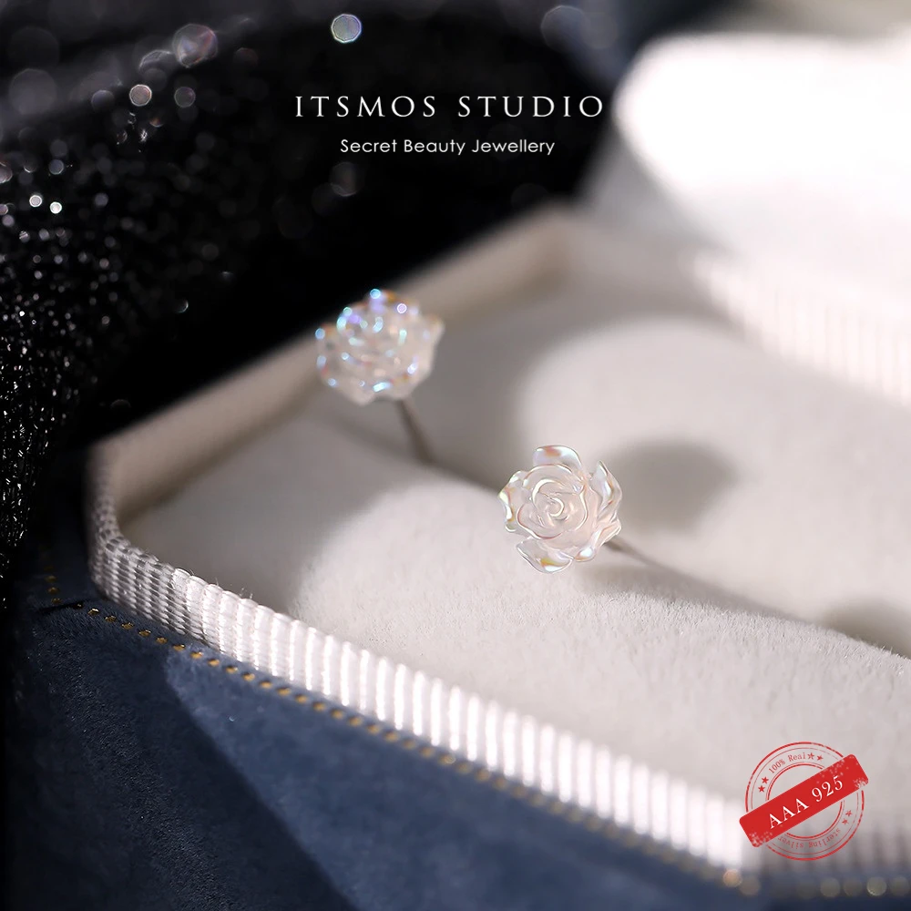 ITSMOS s925 Sterling Silver Magic Color White Rose Earrings Natural Shell Female French Luxury Sweet Studs Earrings For women