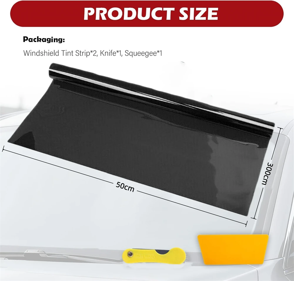 2PCS Black Car Window Tint Film 50×300cm Removable Tint Car Window Universal Cars Windshield Tint Sun Strip with KnifeScraper