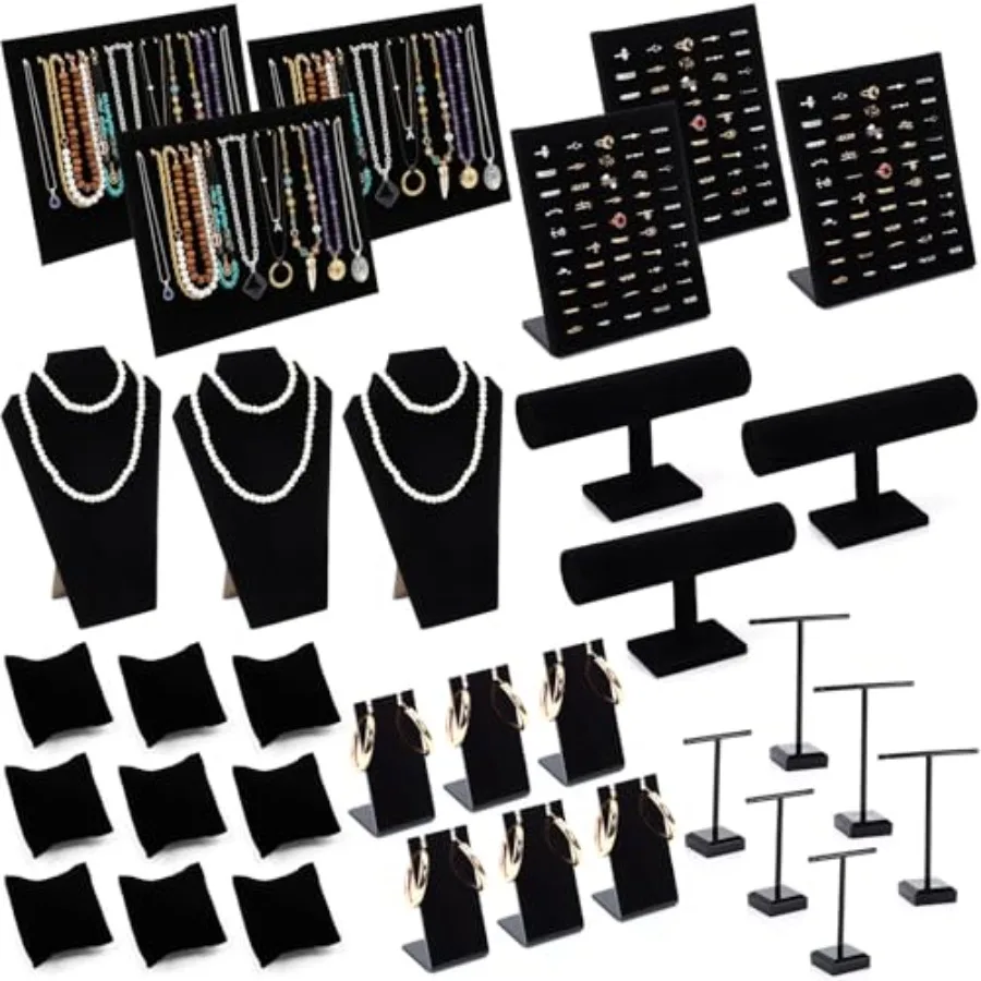 

33 Pcs Velvet Jewelry Display Set for Selling Necklace Display Stand for Bracelet Holder Wrist watch Earring T-Stand Black Jewe