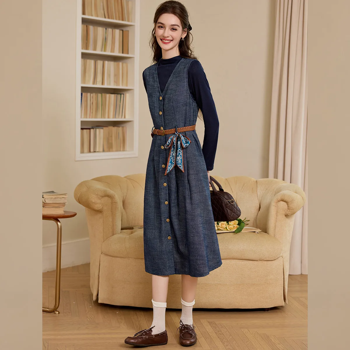 LOUIS YAO T-shirt met lange mouwen en denimjurk, tweedelige set 2025, herfst, afneembare riem, hoge kraag, top, damesset