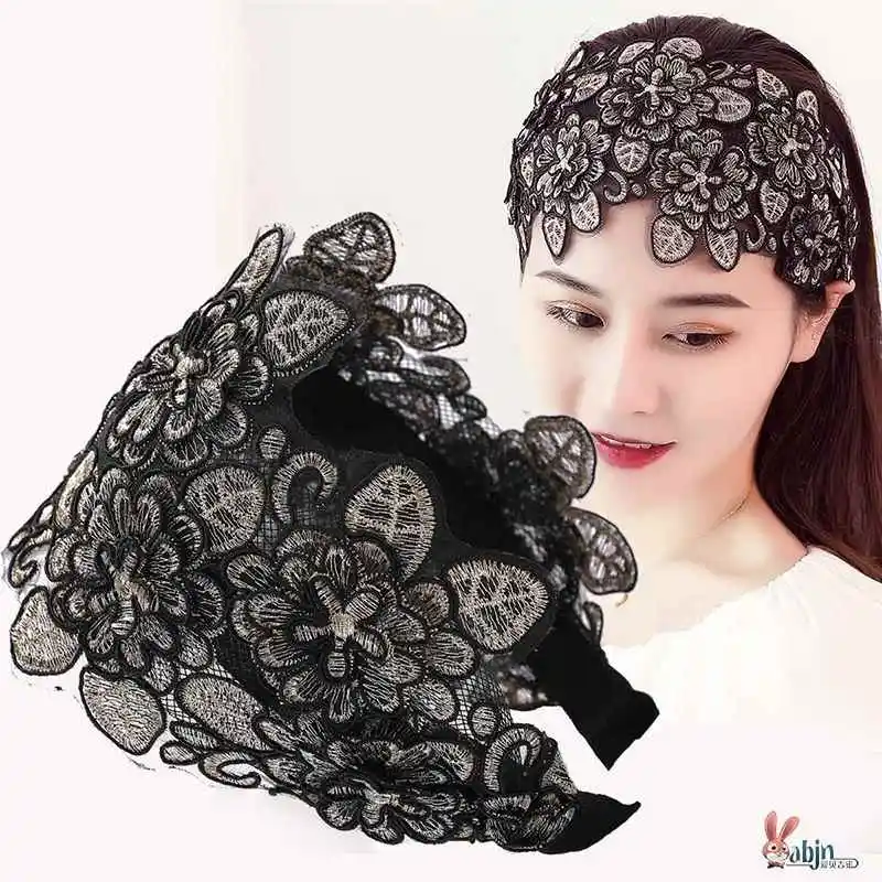 

Women's Wide Lace Hairband Embroidered Flower Ethnic Style Headwear Hair Accessory for Covering Grey Hair Making Face Look Sm...