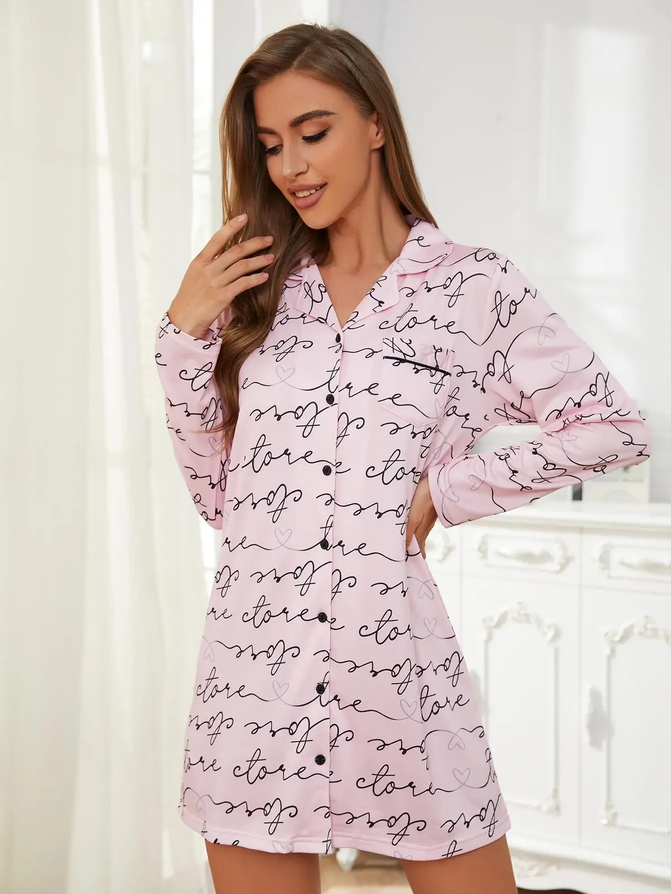 Letter Print Women\'s Nightgown Boy Friend Nightwear Shirt Long Sleeves Front Button Sleepwear Notched Collar Homewear Suit Cloth