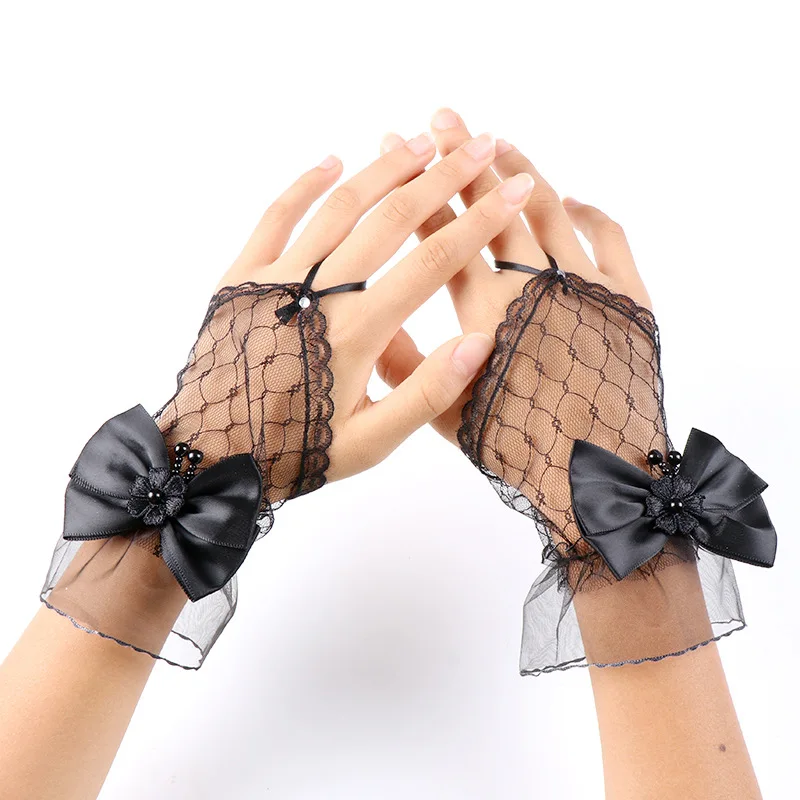 

Bride Wedding Dress Gloves Short Mesh Black Lace Mesh Lace Bow Gloves