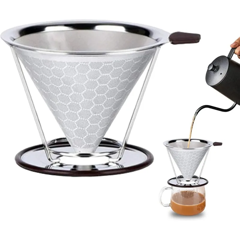 

Stainless Steel Cone Coffee Filter Reusable Paperless Dripper with Non-Slip Cup Holder Single Cup Coffee Brewing Tool