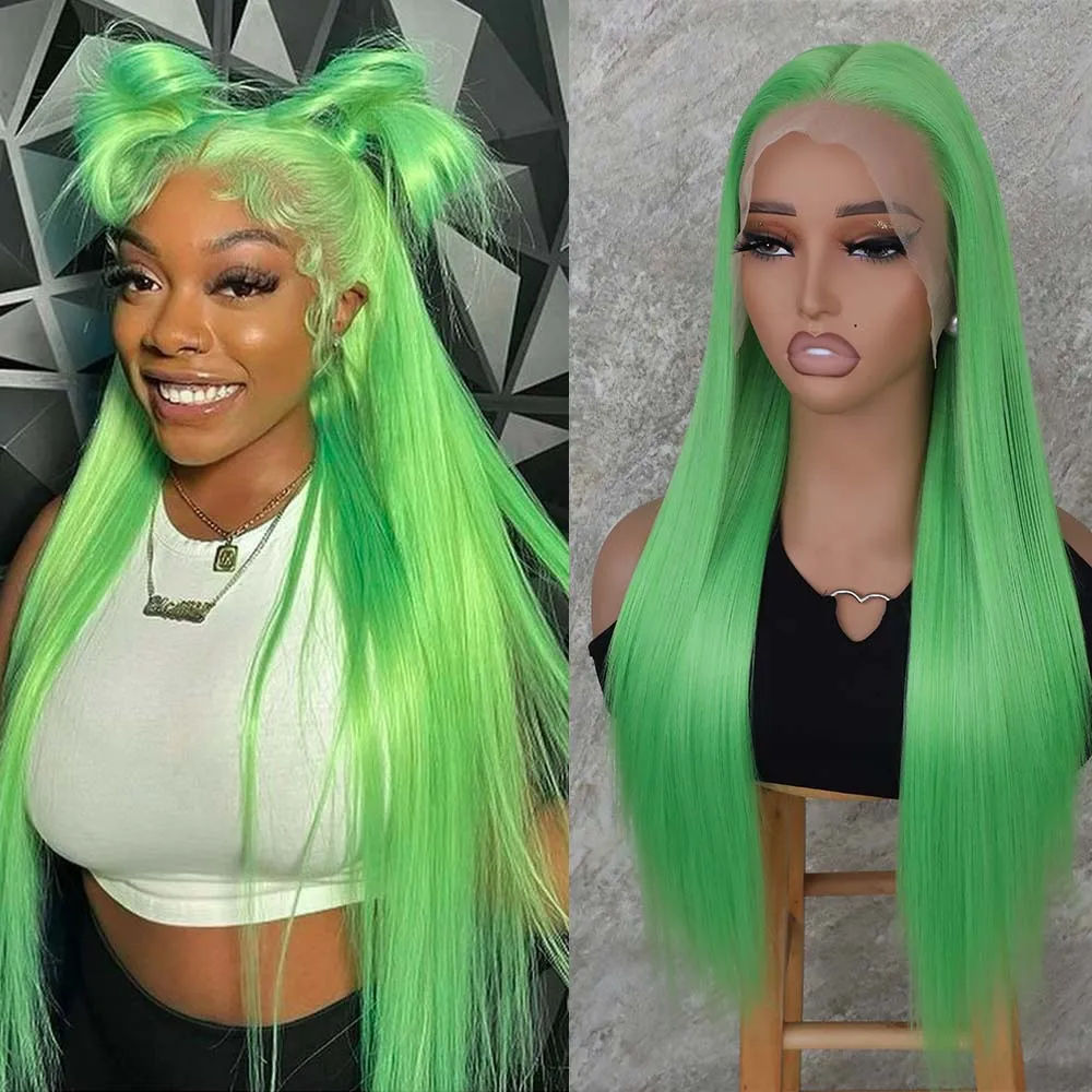 Apolaurel Green Synthetic Lace Front Wigs 13x6 Free Part Long Silky Straight Wig Apple Green Color Wig Cosplay Daily Wig 26inch