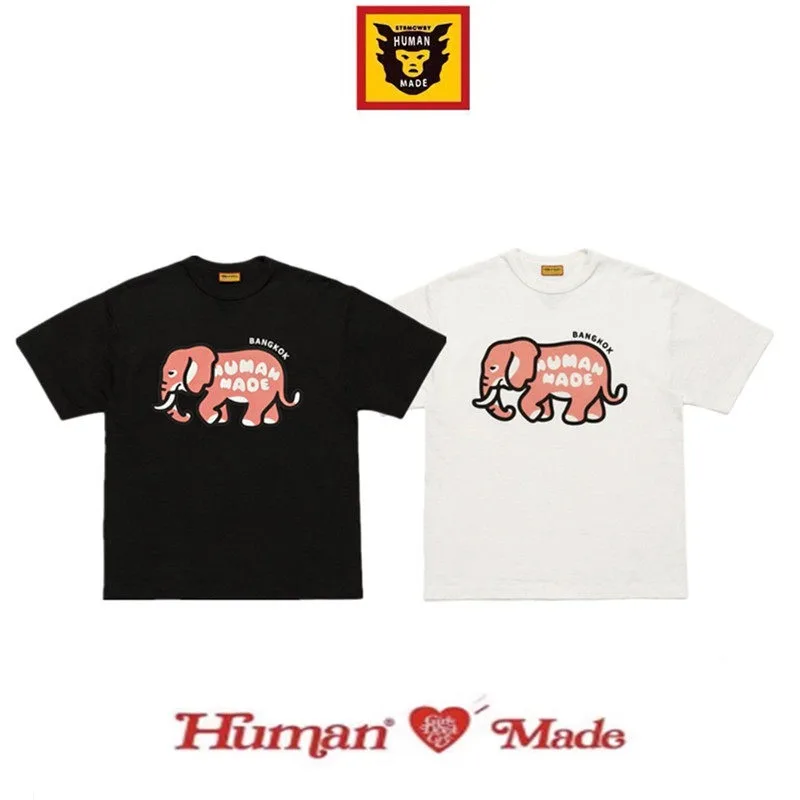 Human Made Elephant Print Slub Cotton T-Shirt, Bangkok Casual Tee for Men Women