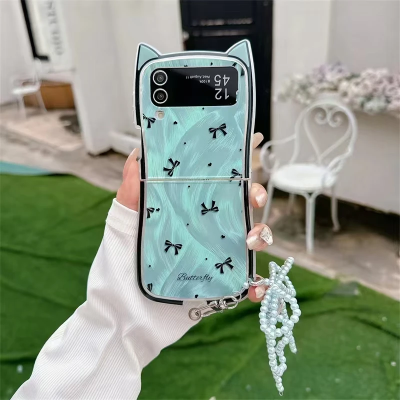 For Samsung Galaxy Z Flip 6 5 4 3 5G F7110 Cute Kawaii Korea Bow Glitter Pearl Tassel Key chain Cat Ear Soft Phone Case Cover