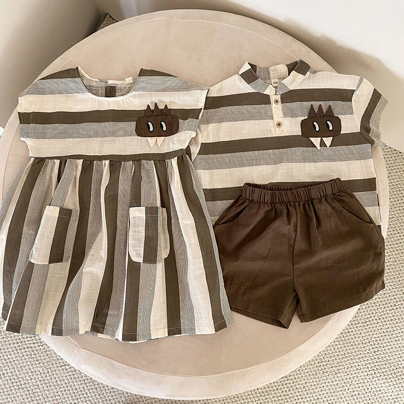 MILANCEL Children\'s Summer Set Sister Brother Clothing Boys\' Stripe Shirt & Shorts 2pcs Casual Suit Girls\' Cartoon Dress