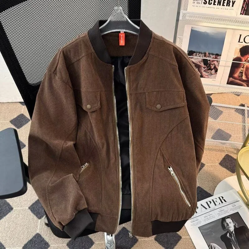 

Retro American Corduroy Workwear Jaet Men's Spring Autumn Loose Trendy Baseball Outerwear Stand Fit Long Sve Youth