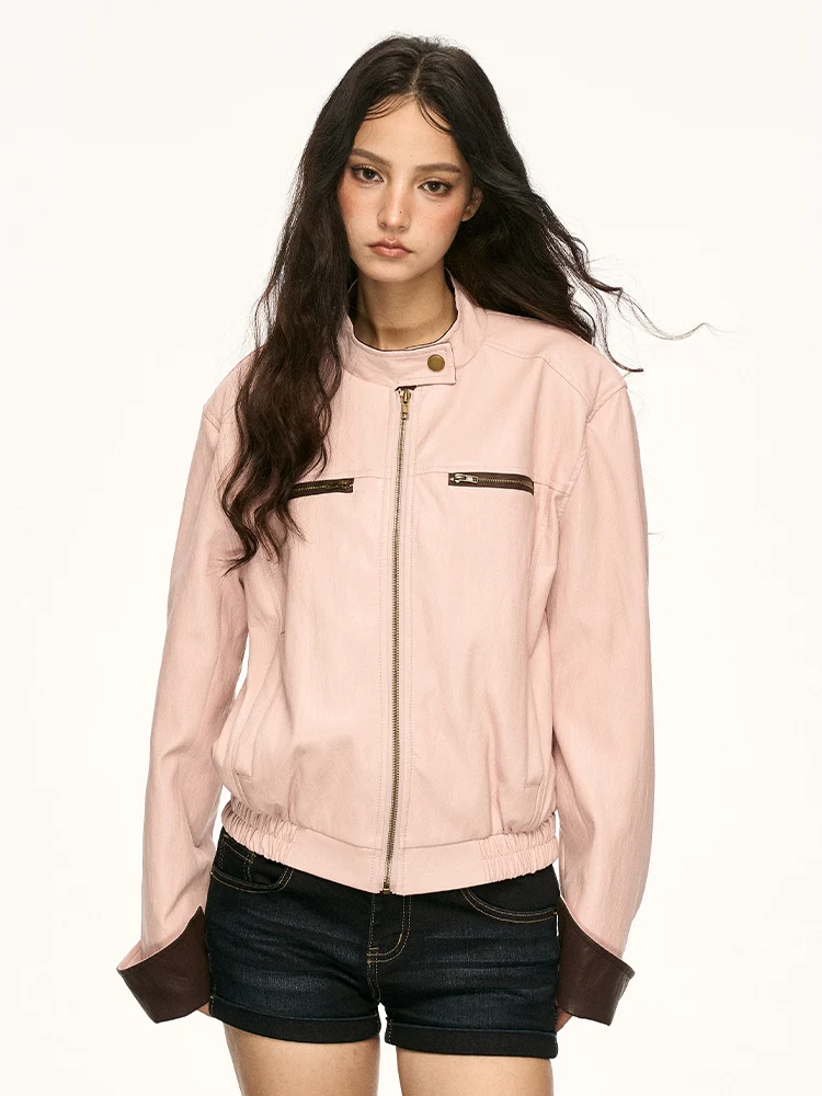 

Aaisup Pink Patchwork Stand Collar Biker Jaet Women's Loose Fit Faionable Autumn New Arrival PU Leather ort Coat