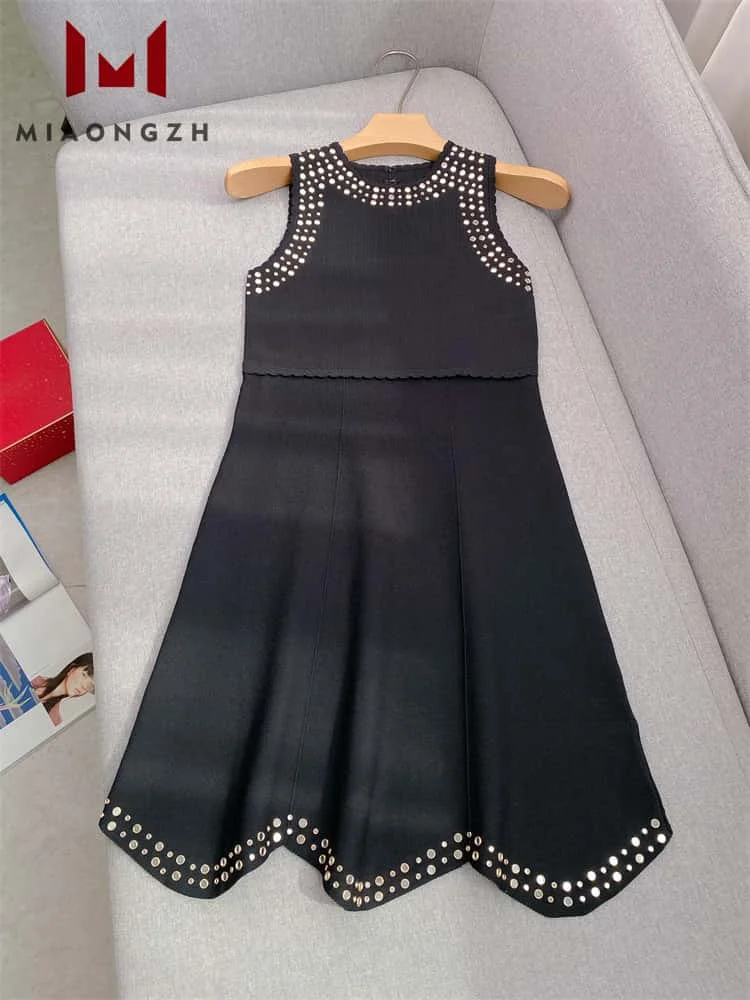 

High Quality Black Knitted Dress O Neck Sleeveless Women's Slimming 2025 Spring Temperament Elegant Party Dresses Ladies Vestido