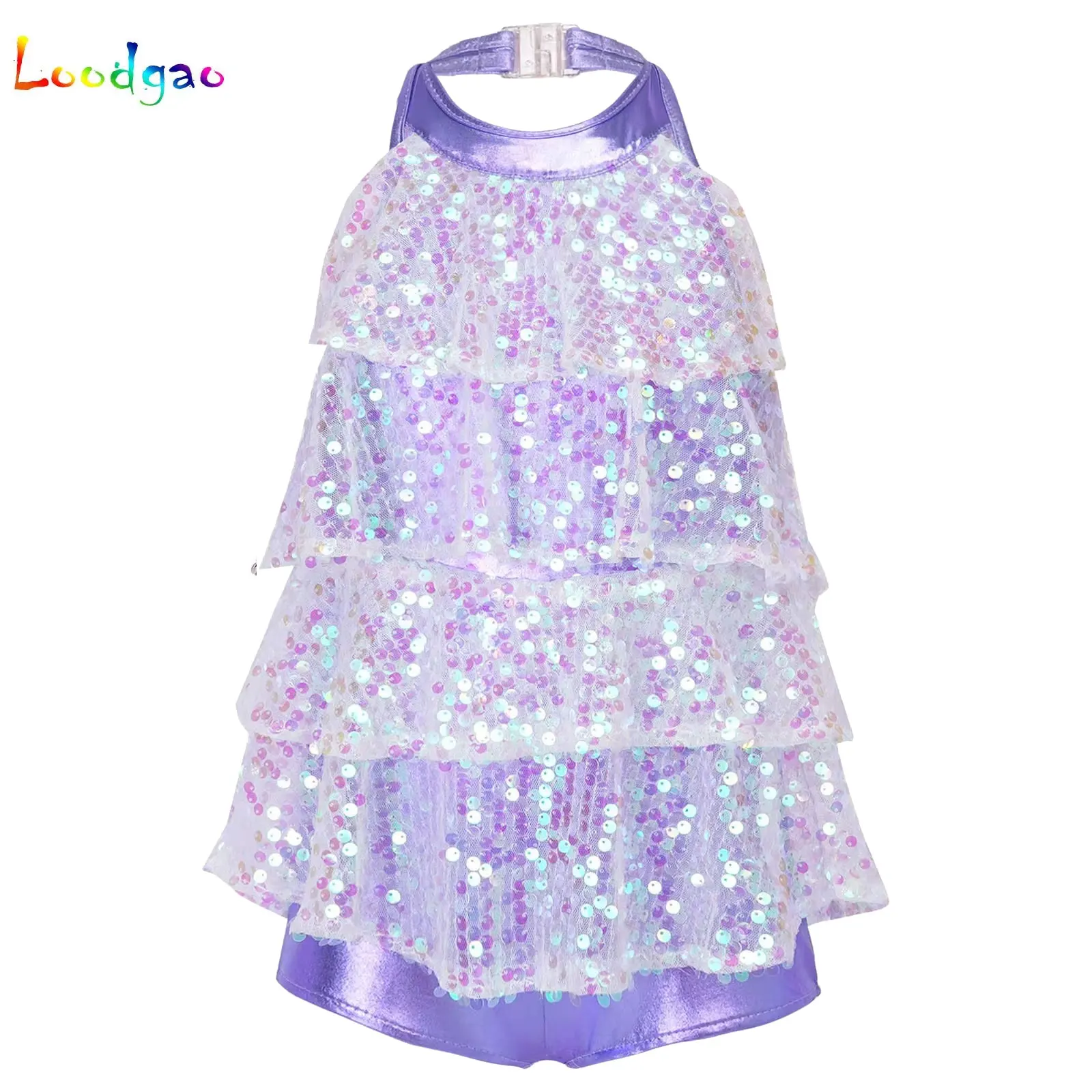 

Kids Jazz Latin Dress Halter Shiny Sequins Ballet Dance Shorty Unitard Dress Teen Girls Modern Salsa Samba Rumba Dance Costumes