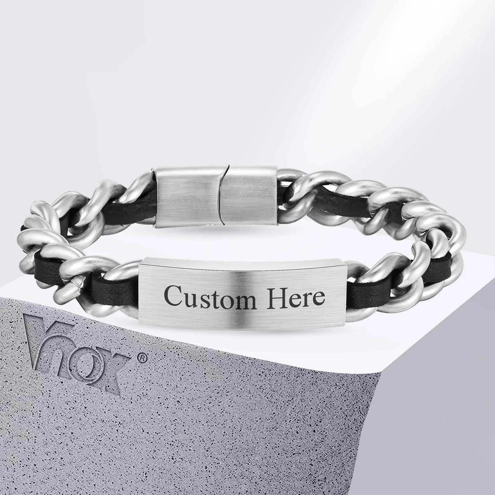 

Vnox Free Custom Name Bracelets for Men Teens,Stainless Steel with Twisted Black Real Leather Wristband,Heavy Bracelet Love Gift