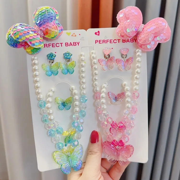 Mermaid Princess Jewelry Set 5Pcs Kids Hypoallergenic Pearl & Alloy Necklace Earrings Ring Cartoon Butterfly Gift