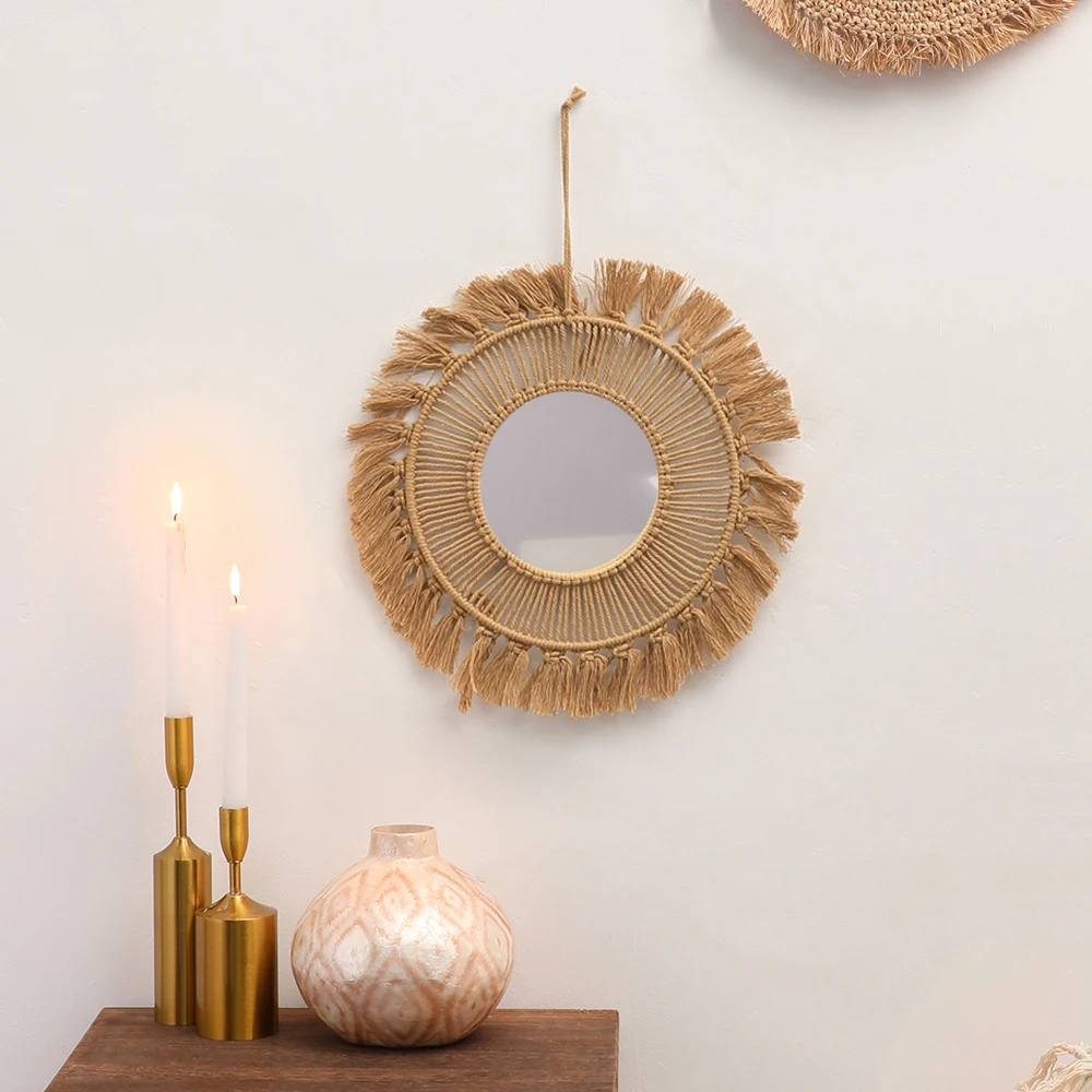 Brown Hand Woven Wall Mirrors Decoration Boho Home Decorations Decorative Mirrors Bedroom Crafts Wall Hanging Room Pendant Gift