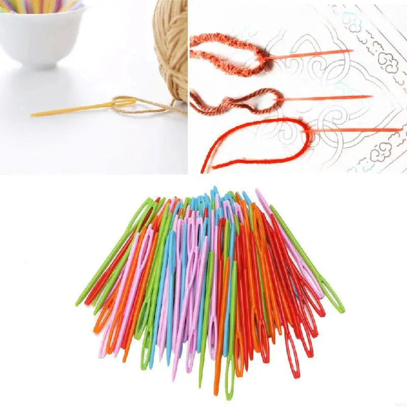 P0UE 100Pcs Children Colorful Plastic 7cm Needles Tapestry Binca Sewing Wool Yarn DIY