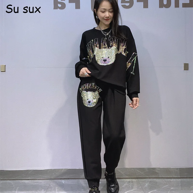 

Cartoon Bear Sequins Hoodie Pant Sets Woman 2 Piece 2025 Autumn Casual O Neck Long Sleeve Sweatershirts Matching Sets Streetwear