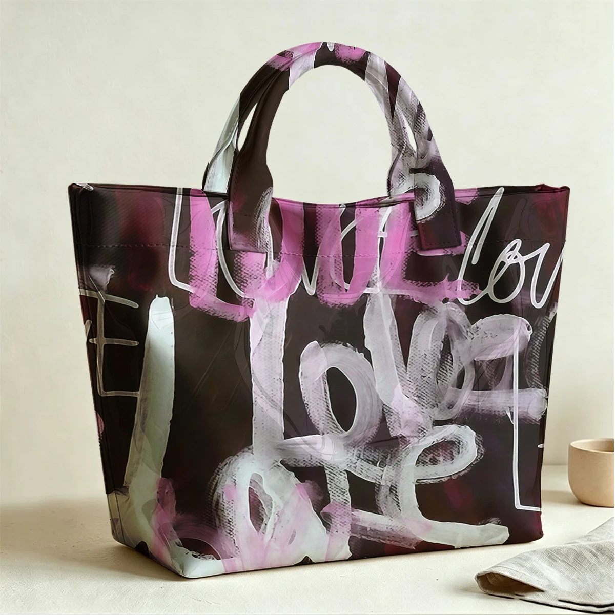 Love Graffiti Large PVC Waterproof Capacity Canvas Shoulder Bag Dual Side Print Tote Bag Daily Shopping Bag Fashion Handbag