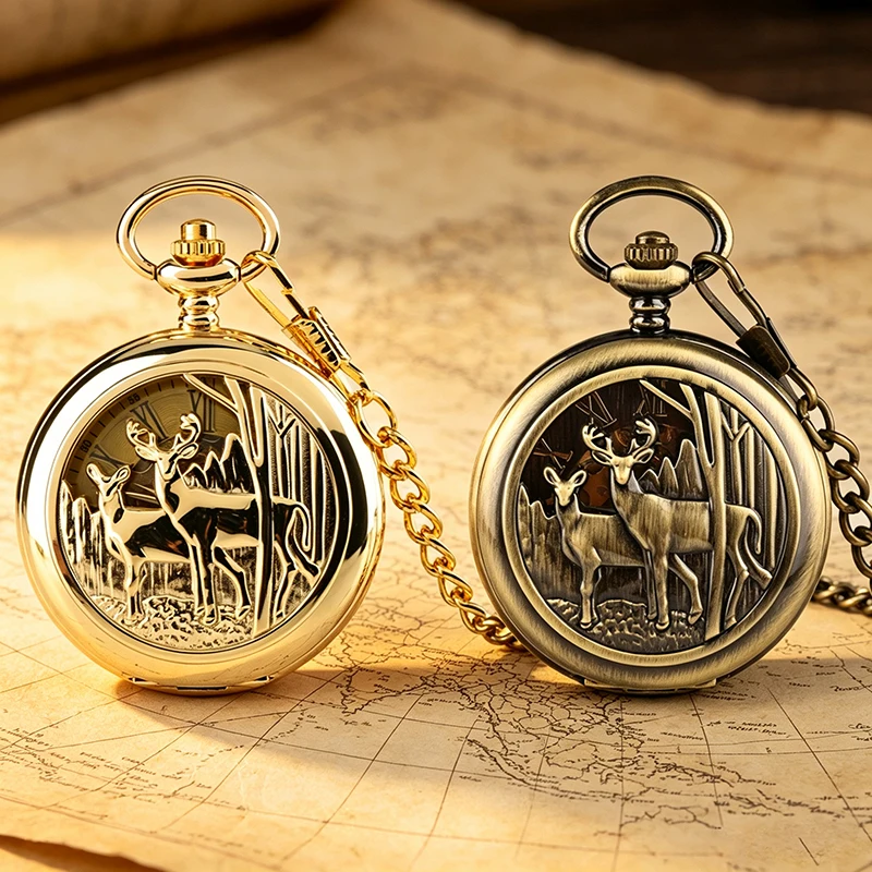 bronze-gold-double-hunter-mechanical-hand-wind-pocket-watch-for-men-women-hollow-elk-case-pendant-necklace-chain-gift