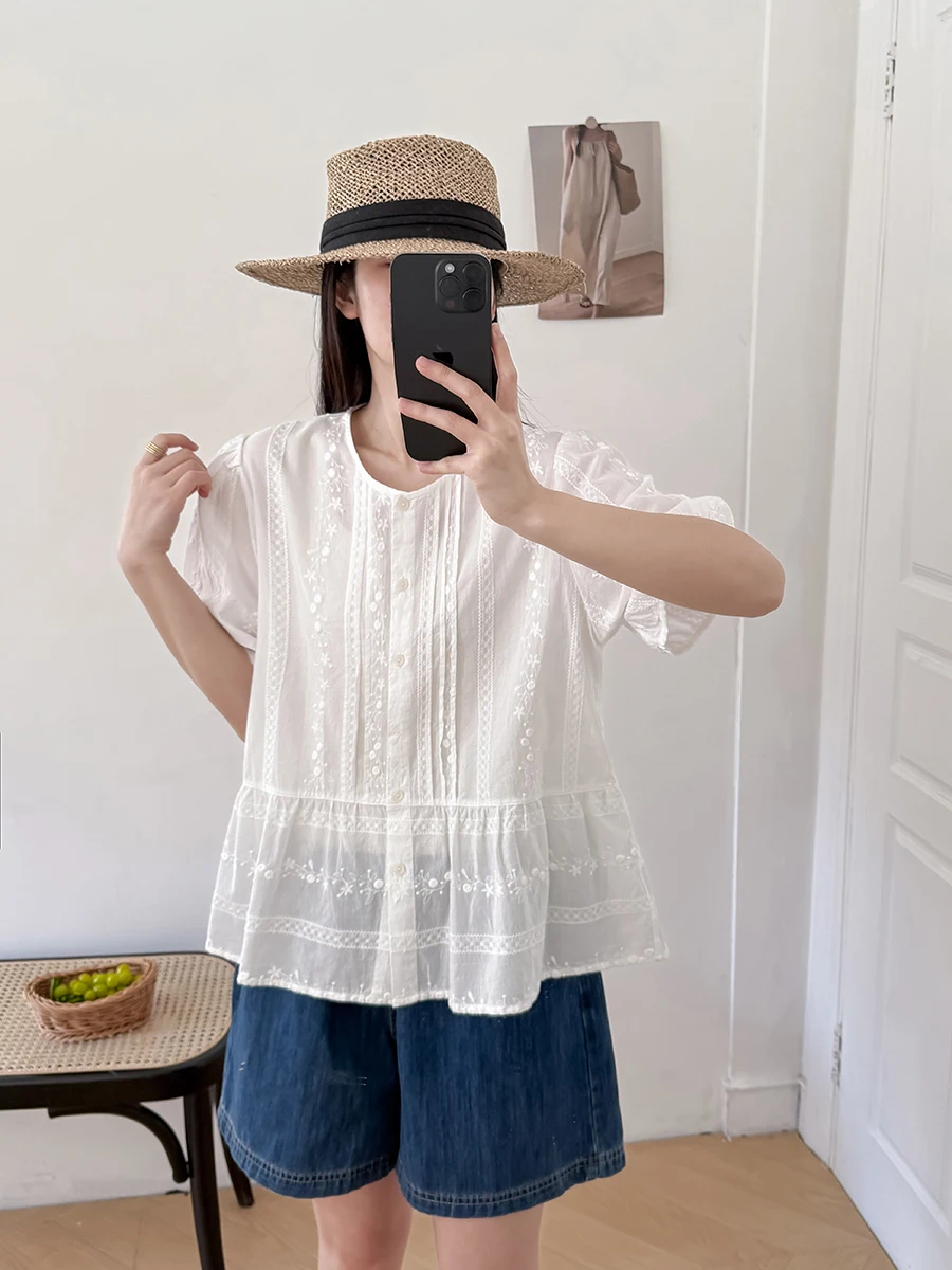 Summer 2025 Women's Loose Cotton Embroidered Short Sleeve Shirt Vintage Artistic Forest System Versatile Casual Top
