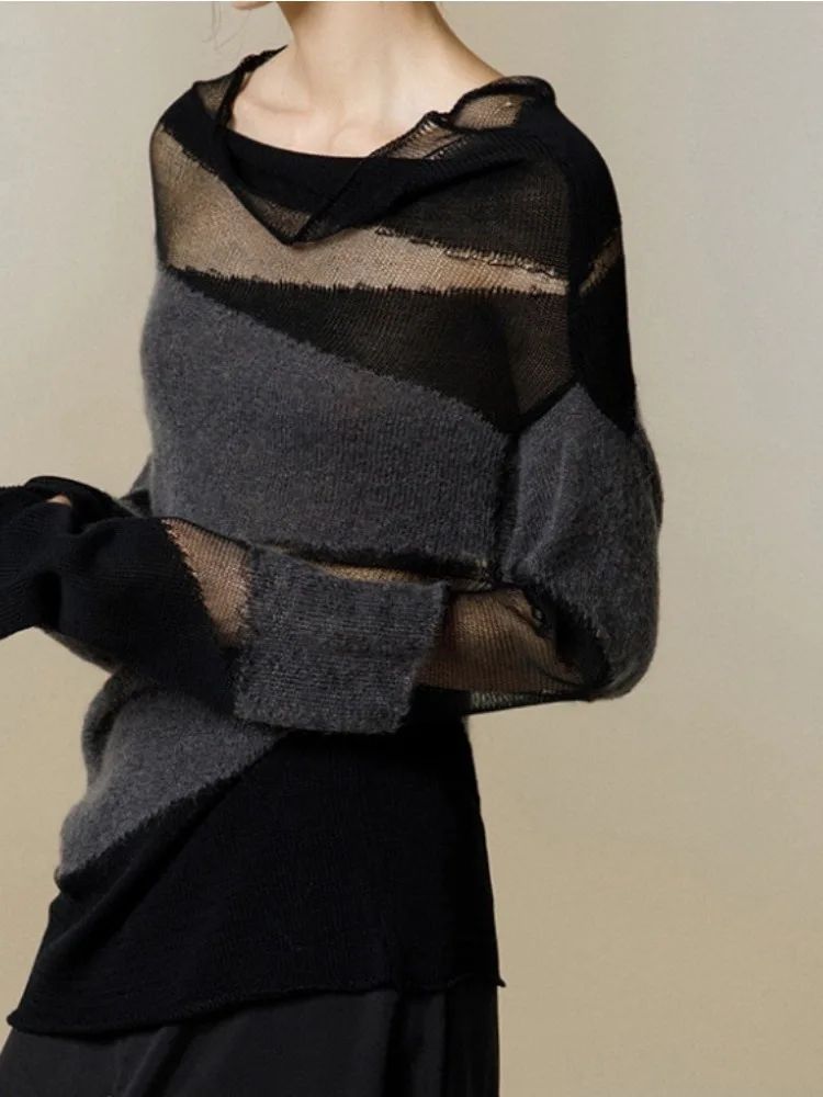 Autumn Patchwork Turtleneck Women Thin Sweaters Y2k Loose Hollow Out Pullovers See Through Knitted Sweater Tops Y2k Clothing