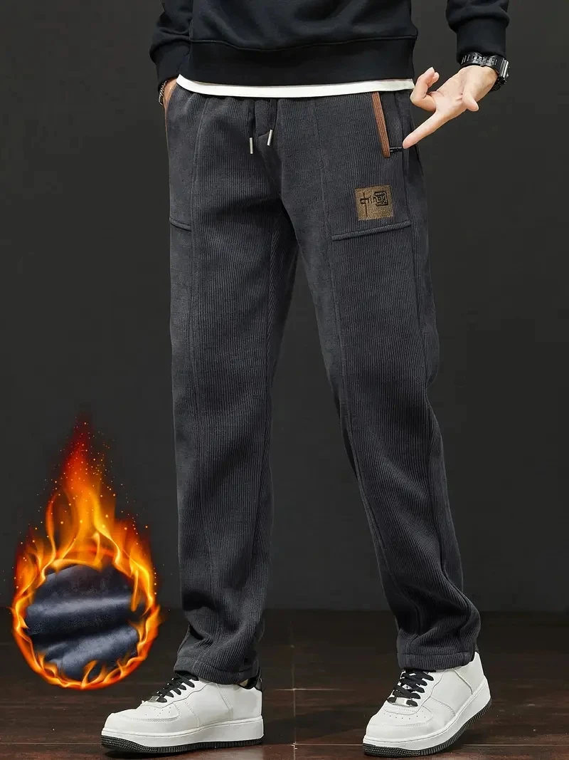 

Winter Plush Thickened Warm Pants With Elastic Loose Leg Ties Straight Leg Sports Pants Fashion Trend Men's Leisure Sweat Pants