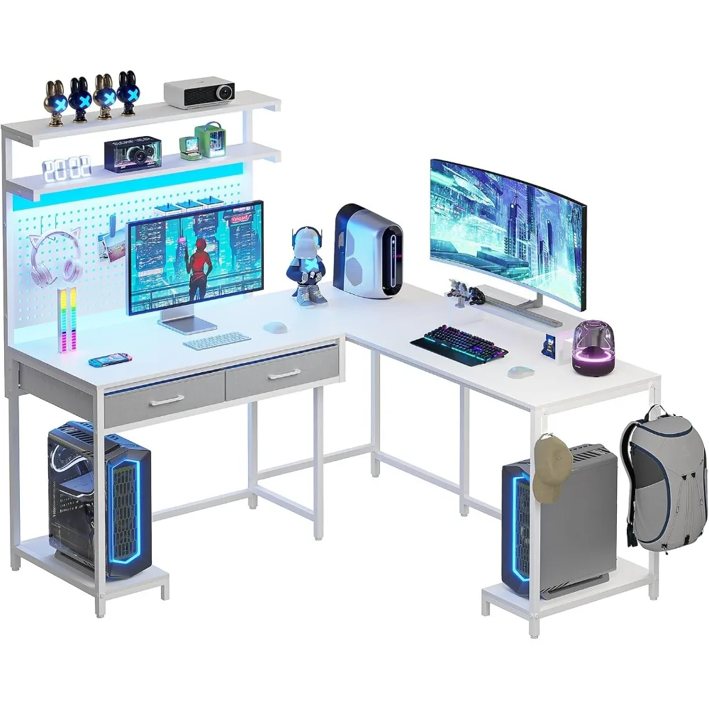 White L Shaped Gaming Desk with LED Lights and Drawers, Gaming Desk with Hutch & Pegboard, Computer Desk with Monitor Stand