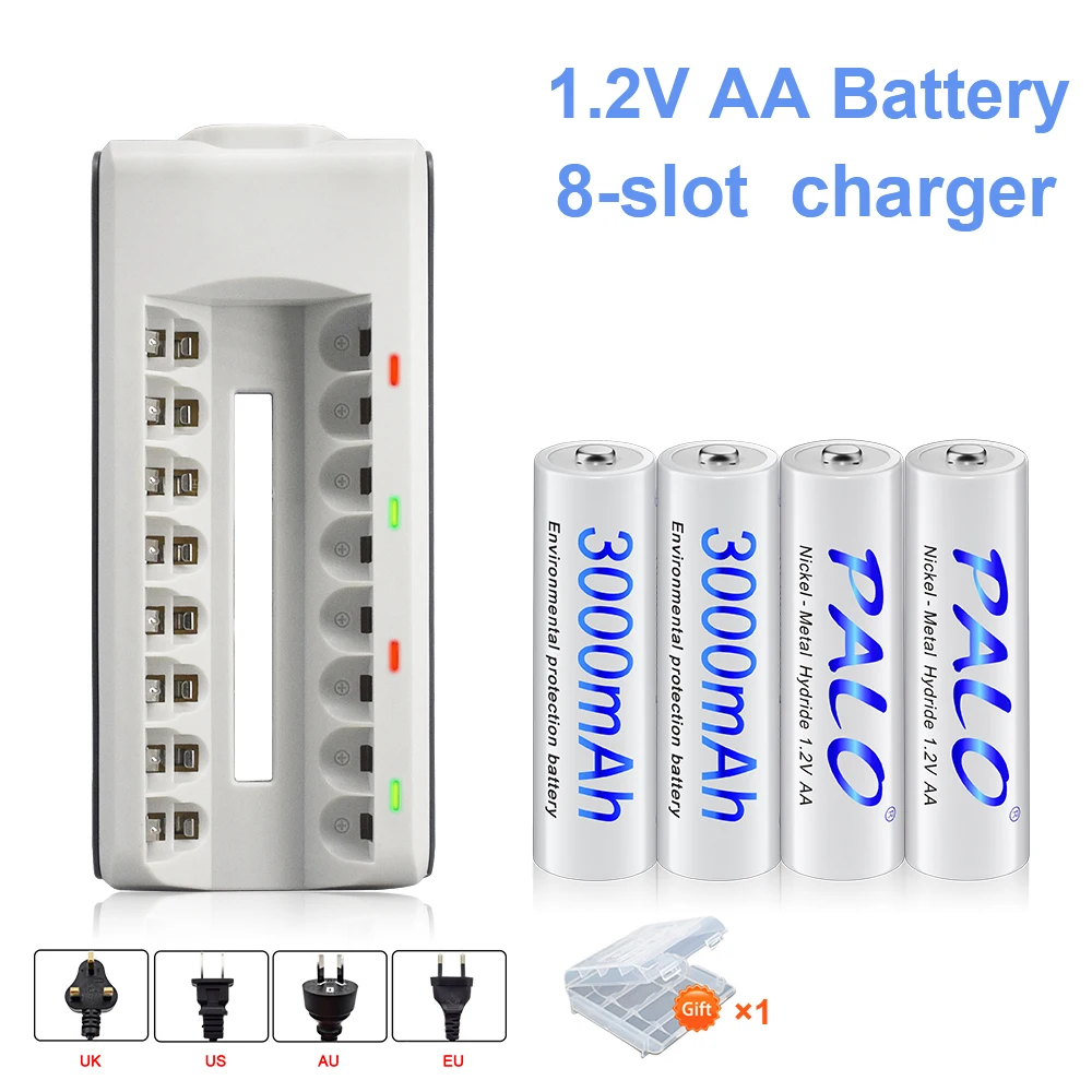 

Palo 1.2V 3000mAh AA Rechargeable Battery NI-MH Nimh Rechargeable AA Batteries for Camera Toy Car flashlight + 8 Slots Charger