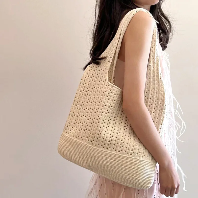 Knitted Shoulder Bags for Women Hollow Woven Crochet Bag Knitting Handbags Bag Casual Travel Shopping Totes