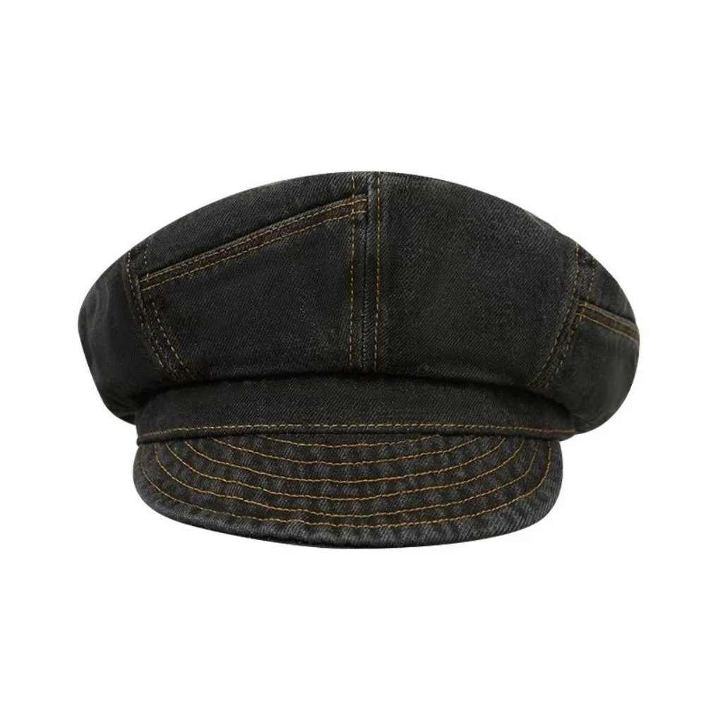 

Korean Vintage Washed Denim Beret Newsboy Visor Octagonal Cap Artist Cloud Peaked Hat Women