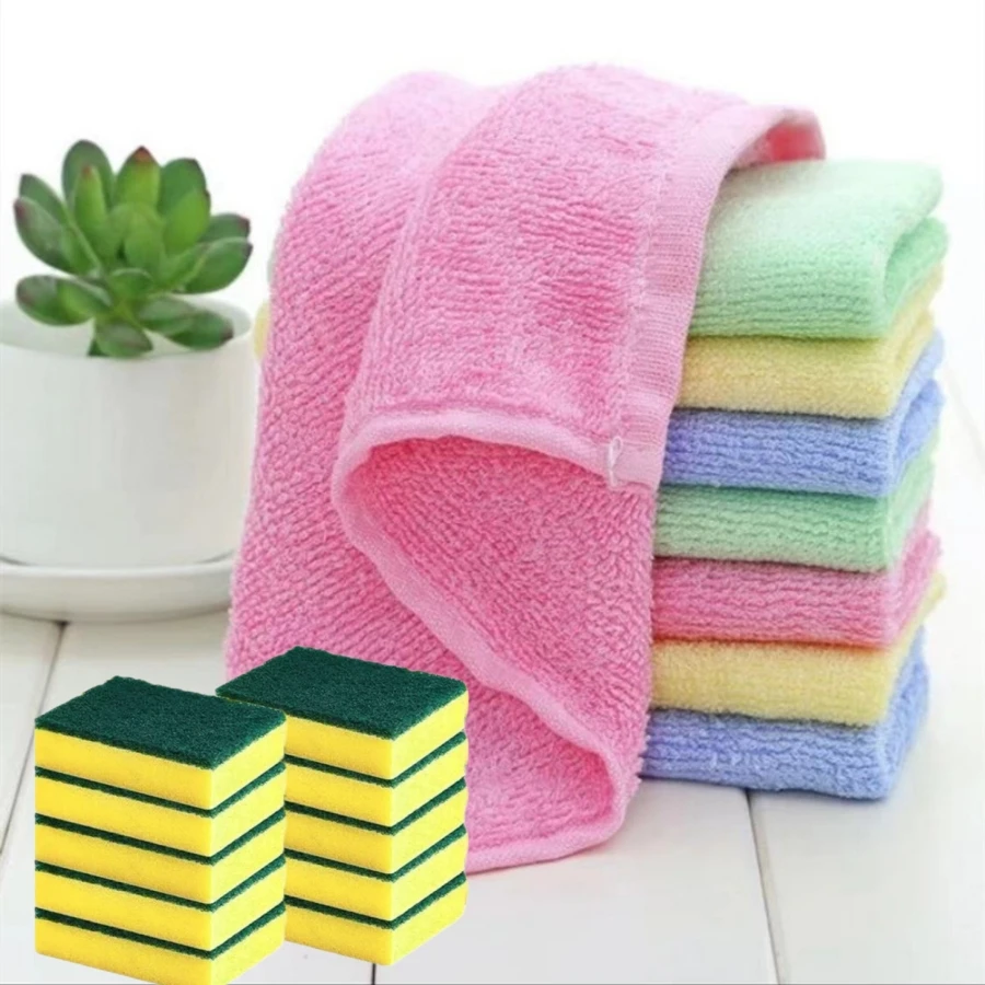 Double Sided Magic Rust Removal Sponge Brush  Wood Fiber Non-Stick Oil Dish Towel, Highly Absorbent Kitchen Cleaning Tools