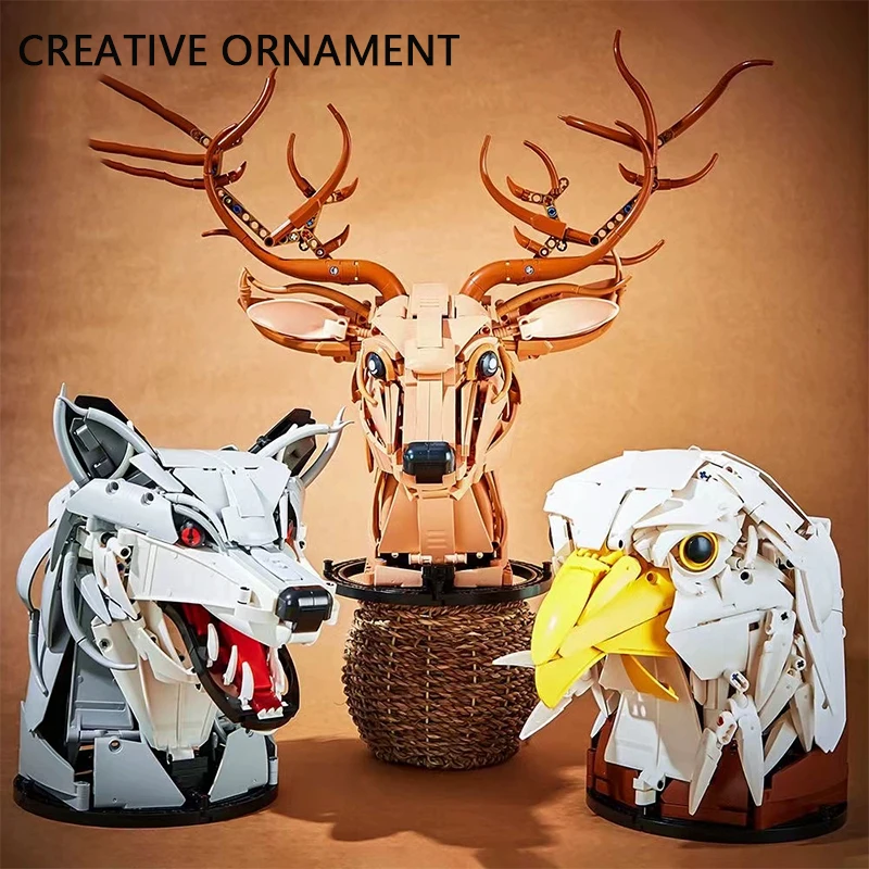 Creative MOC Deer hawks wolves Head Assembly Building Blocks Kits DIY Wall Pendant Decoration Bricks Toys For Kids Gifts