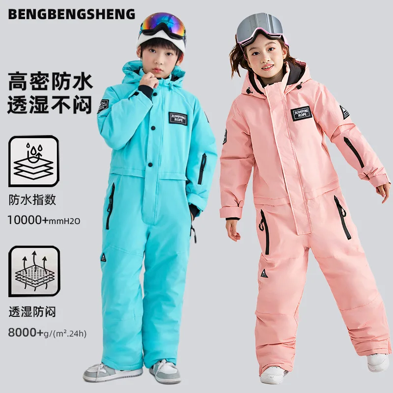 New Kids One-Piece Snow Suit Thick Waterproof Ski Jumpsuit Boys Girls Outdoor Skiing Snow Equipment