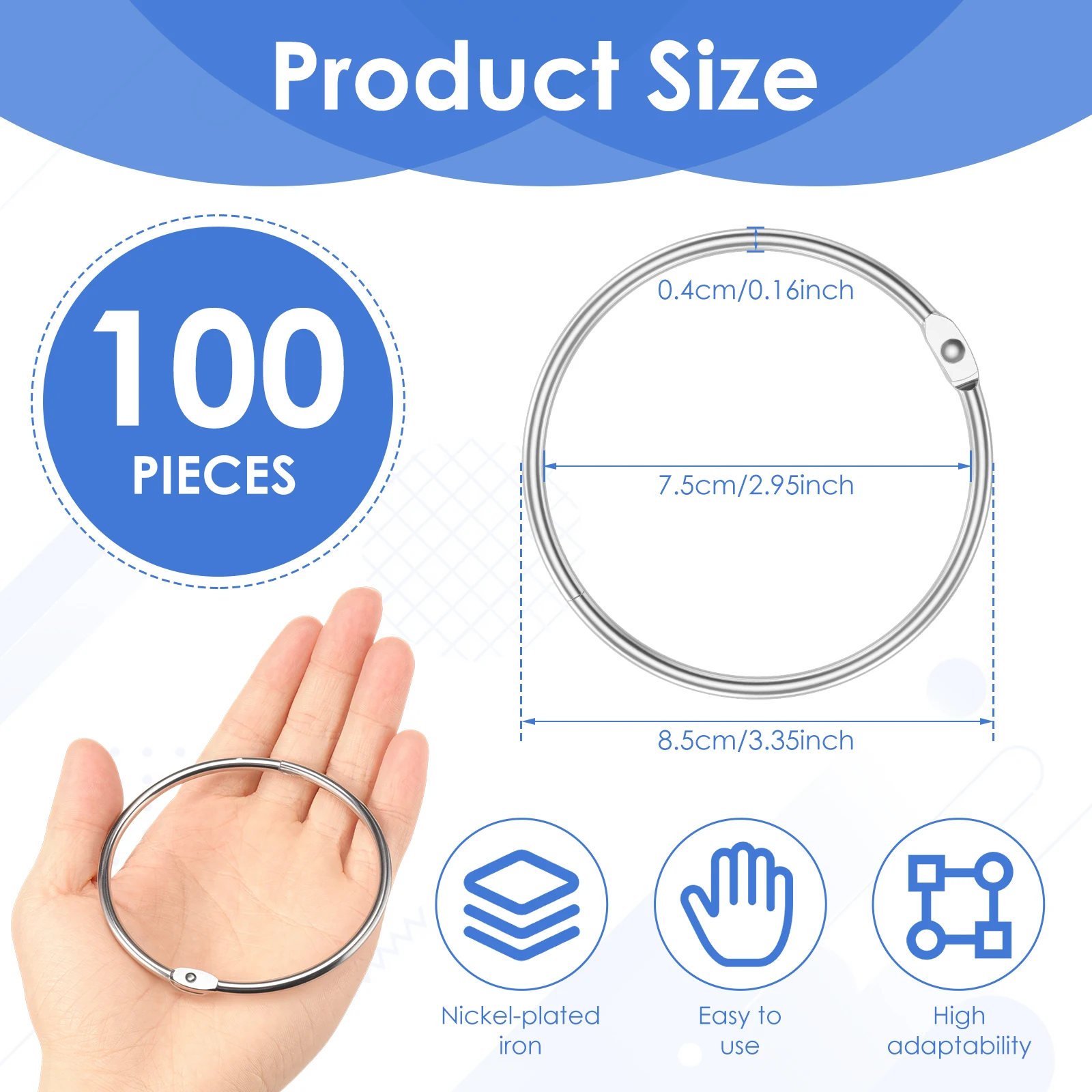 100pcs Metal Shower Curtain Sliding Rings Curtain Hooks Round Rod Clips Ring Loose Leaf Binder Book Ring Bathroom Accessories